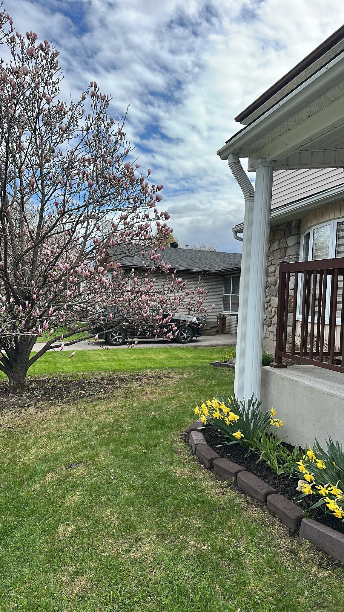 Garden bed with blooming flowers beside a residential entry