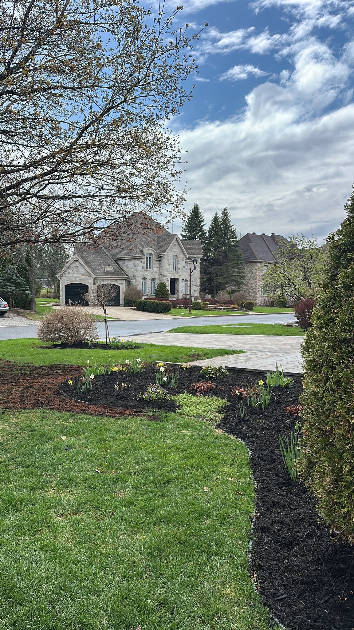Maintained lawn, fresh mulch, and garden beds in front of a Montreal residence